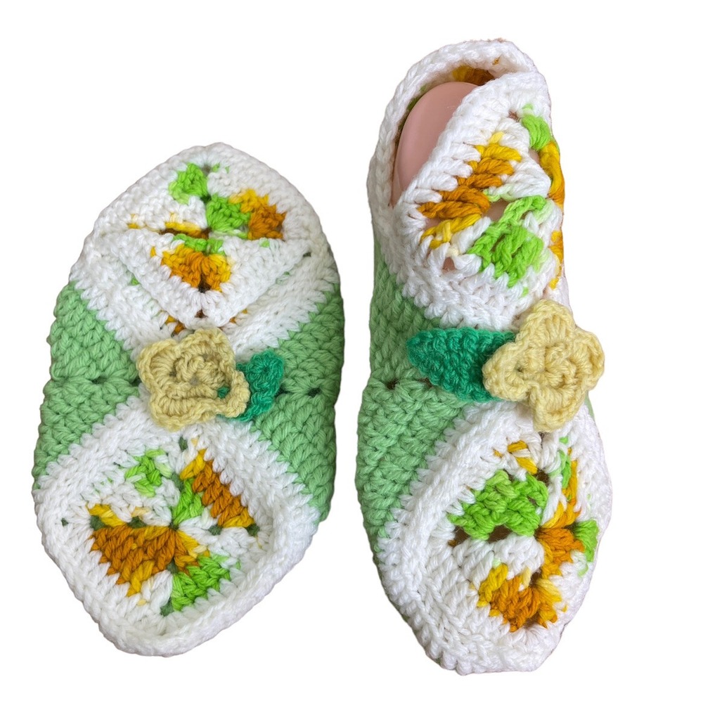 Handmade Crocheted House Slippers Green From 8-9.5" long foot Women Youth